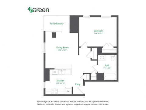 Floor plan for 1 bed, 1 bath, 743 sqft